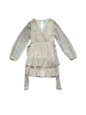 Japna Women's Size S Polka Dot Wrap Mini Dress Beige Ruffle Tie Waist Boho.